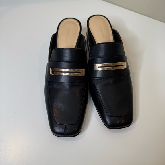 VIA SPIGA BRIN LEATHER LOAFER MULE BLOCK HEEL SLIP 7.5 - Picture 2 of 10